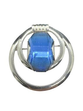 Vintage Art Deco Sapphire Blue Glass & Silver Tone Metal Brooch